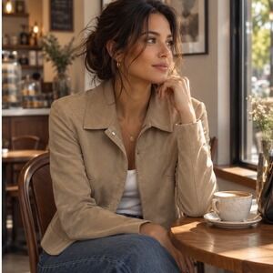 Vintage Express Suede Leather Jacket Women XS Tan Hook Closure Minimalist